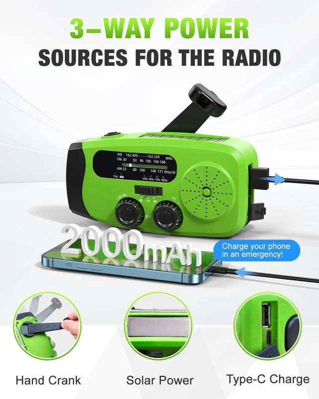 Alt view image 6 of 7 - Hand Crank Radio with AM/FM/NOAA Weather Bands,for Emergencies, Camping 3 LED Flashlights,SOS Function,Solar Powered,Hand Cranked, 2000mAh/7400mWh Charger,for Power Outage - Green