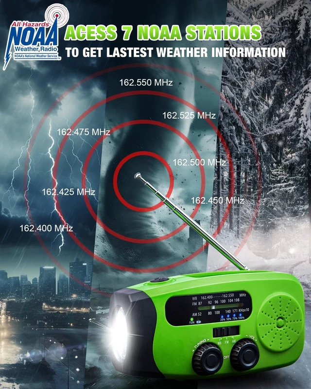 Alt view image 4 of 7 - Hand Crank Radio with AM/FM/NOAA Weather Bands,for Emergencies, Camping 3 LED Flashlights,SOS Function,Solar Powered,Hand Cranked, 2000mAh/7400mWh Charger,for Power Outage - Green