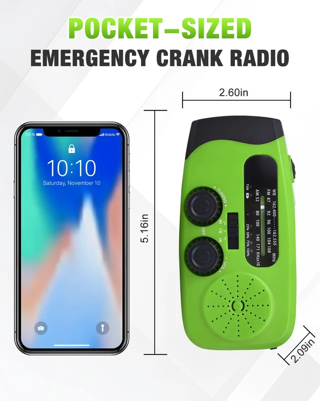 Alt view image 7 of 7 - Hand Crank Radio with AM/FM/NOAA Weather Bands,for Emergencies, Camping 3 LED Flashlights,SOS Function,Solar Powered,Hand Cranked, 2000mAh/7400mWh Charger,for Power Outage - Green