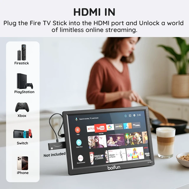 Alt view image 5 of 7 - 15.6" Portable TV with Antenna, DVD Player Built-in, FM Radio, 5000mAh Battery, Support HDMI Input/USB/TF/AV Out and Multiple Disc Formats, Small TV DVD Combo for Camping Patio RV Kitchen,Black