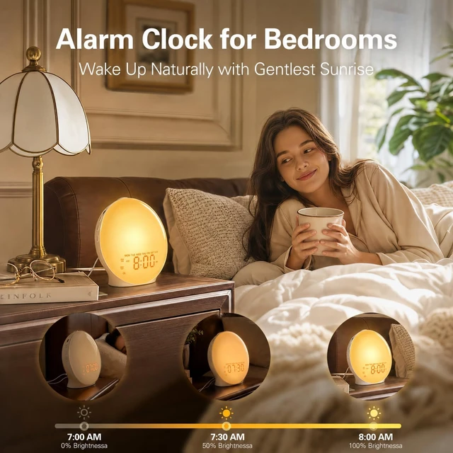 Alt view image 2 of 7 - Full-Screen Wake Up Light Sunrise Alarm Clocks for Bedrooms, White Noise Machine for Heavy Sleepers, 25 Natural Sounds, Dual Alarms, FM Radio, 17 Dimmable Colors, Bluetooth Speaker
