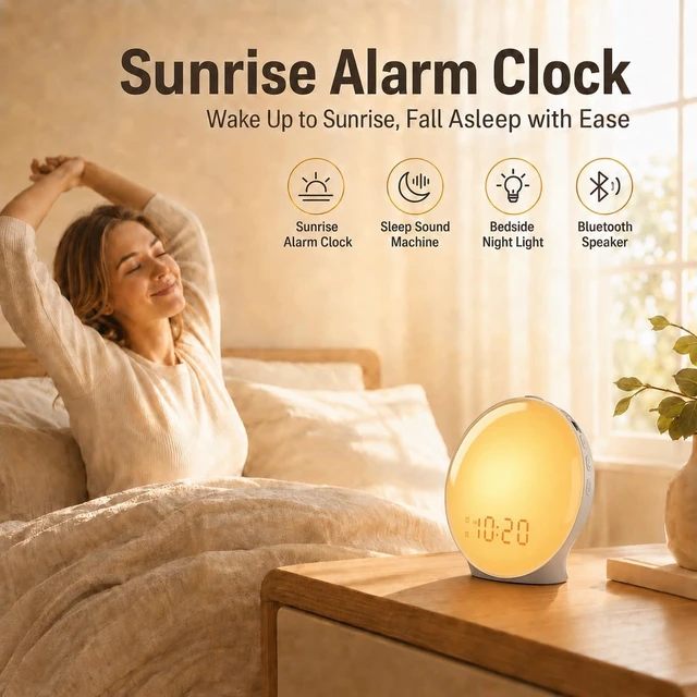 Alt view image 3 of 7 - Full-Screen Wake Up Light Sunrise Alarm Clocks for Bedrooms, White Noise Machine for Heavy Sleepers, 25 Natural Sounds, Dual Alarms, FM Radio, 17 Dimmable Colors, Bluetooth Speaker