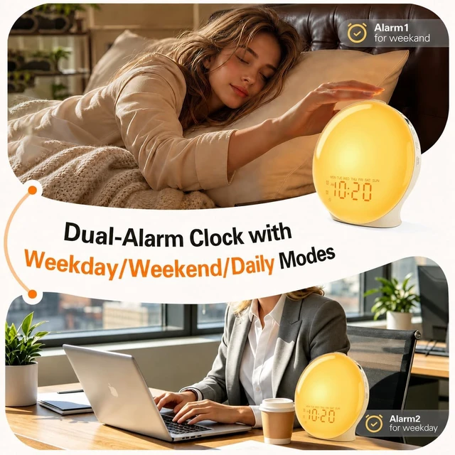 Alt view image 4 of 7 - Full-Screen Wake Up Light Sunrise Alarm Clocks for Bedrooms, White Noise Machine for Heavy Sleepers, 25 Natural Sounds, Dual Alarms, FM Radio, 17 Dimmable Colors, Bluetooth Speaker