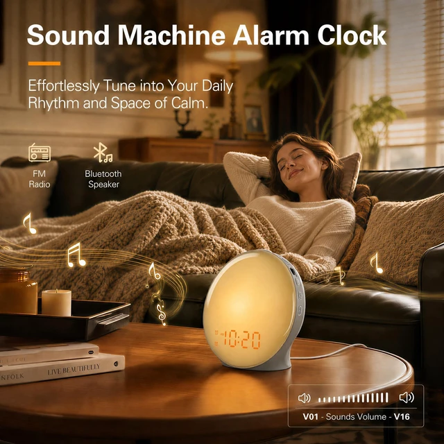 Alt view image 7 of 7 - Full-Screen Wake Up Light Sunrise Alarm Clocks for Bedrooms, White Noise Machine for Heavy Sleepers, 25 Natural Sounds, Dual Alarms, FM Radio, 17 Dimmable Colors, Bluetooth Speaker
