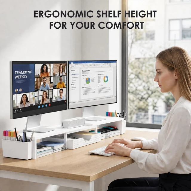 Alt view image 2 of 7 - Desk Organizers and Accessories, Dual Monitor Stand Riser with Drawer and 2 Pen Holders, Desk Shelf Computer Racks & Printer Stand for Office Workspace Organizers, Desktop Organization (White)