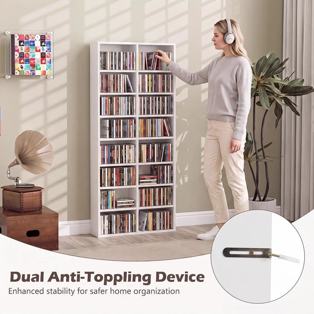 Alt view image 4 of 7 - DVD Shelf, 32-Shelf Wide CD Rack, White 12 Adjustable Shelves, DVD Storage Shelf, Easy Assembly, Media Shelf for CD, Bluray Game Disc