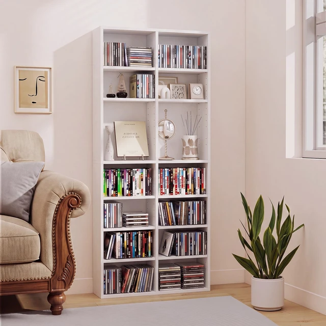 Alt view image 3 of 7 - DVD Shelf, 32-Shelf Wide CD Rack, White 12 Adjustable Shelves, DVD Storage Shelf, Easy Assembly, Media Shelf for CD, Bluray Game Disc