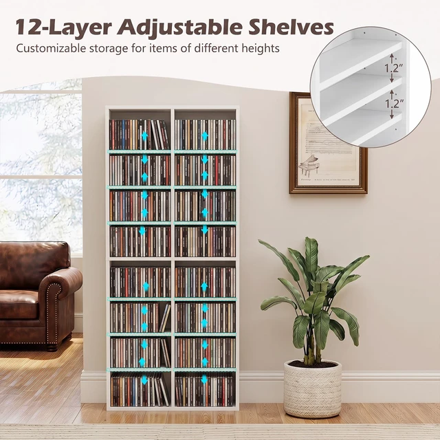 Alt view image 5 of 7 - DVD Shelf, 32-Shelf Wide CD Rack, White 12 Adjustable Shelves, DVD Storage Shelf, Easy Assembly, Media Shelf for CD, Bluray Game Disc