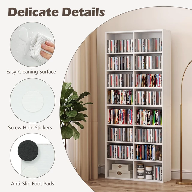Alt view image 6 of 7 - DVD Shelf, 32-Shelf Wide CD Rack, White 12 Adjustable Shelves, DVD Storage Shelf, Easy Assembly, Media Shelf for CD, Bluray Game Disc