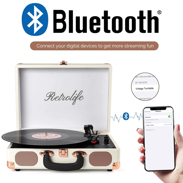Alt view image 2 of 7 - ® Record Player,3-Speed Bluetooth Suitcase Vinyl Player-White Built-in Stereo Speakers, Portable Turntable Plays 7/10/12" Records, 33/45/78 RPM, Bluetooth Streaming, RCA/Headphone Jack