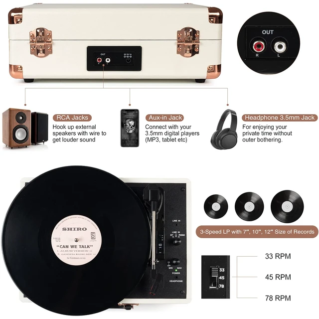 Alt view image 3 of 7 - ® Record Player,3-Speed Bluetooth Suitcase Vinyl Player-White Built-in Stereo Speakers, Portable Turntable Plays 7/10/12" Records, 33/45/78 RPM, Bluetooth Streaming, RCA/Headphone Jack