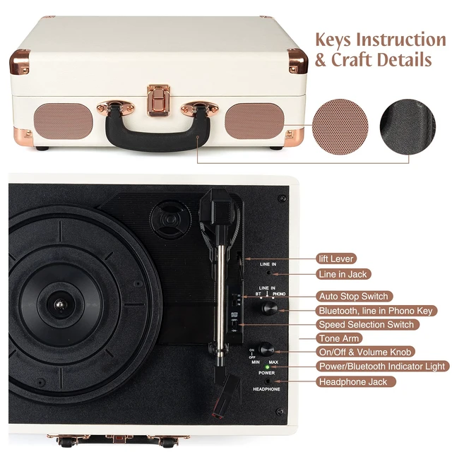 Alt view image 4 of 7 - ® Record Player,3-Speed Bluetooth Suitcase Vinyl Player-White Built-in Stereo Speakers, Portable Turntable Plays 7/10/12" Records, 33/45/78 RPM, Bluetooth Streaming, RCA/Headphone Jack