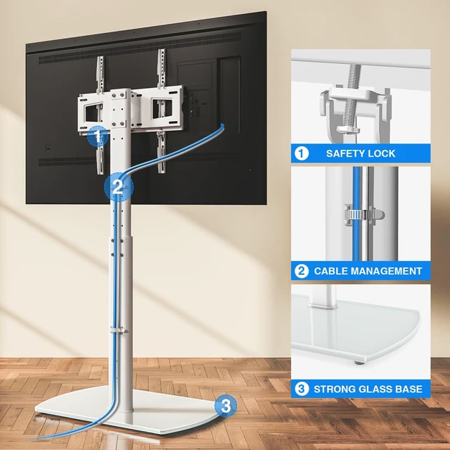 Alt view image 6 of 7 - Universal TV Floor Stand with Mount for 27-70 Inch LCD LED OLED TVs, Swivel Height Adjustable Tall TV Stand, Space Saving Design for Corner Bedroom Living Room, White
