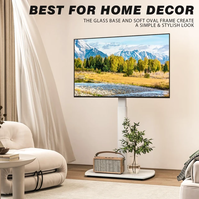 Alt view image 7 of 7 - Universal TV Floor Stand with Mount for 27-70 Inch LCD LED OLED TVs, Swivel Height Adjustable Tall TV Stand, Space Saving Design for Corner Bedroom Living Room, White