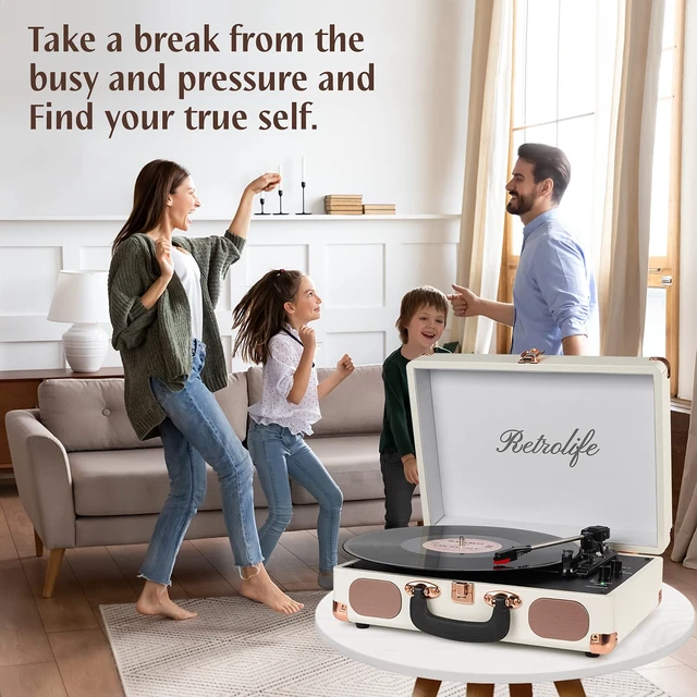 Alt view image 6 of 7 - ® Record Player,3-Speed Bluetooth Suitcase Vinyl Player-White Built-in Stereo Speakers, Portable Turntable Plays 7/10/12" Records, 33/45/78 RPM, Bluetooth Streaming, RCA/Headphone Jack
