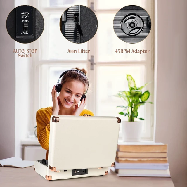 Alt view image 7 of 7 - ® Record Player,3-Speed Bluetooth Suitcase Vinyl Player-White Built-in Stereo Speakers, Portable Turntable Plays 7/10/12" Records, 33/45/78 RPM, Bluetooth Streaming, RCA/Headphone Jack
