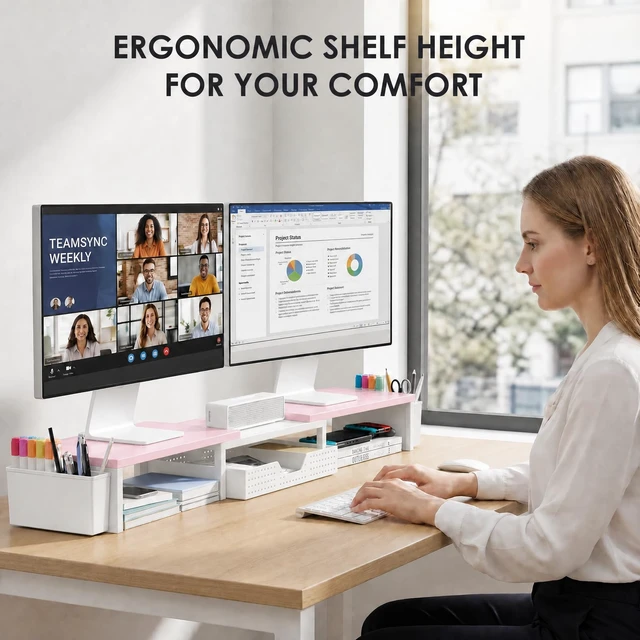 Alt view image 2 of 7 - Desk Organizers and Accessories, Dual Monitor Stand Riser with Drawer and 2 Pen Holders, Desk Shelf Printer Stand for Office Workspace Organizers, Desktop Organization (Pink-White)