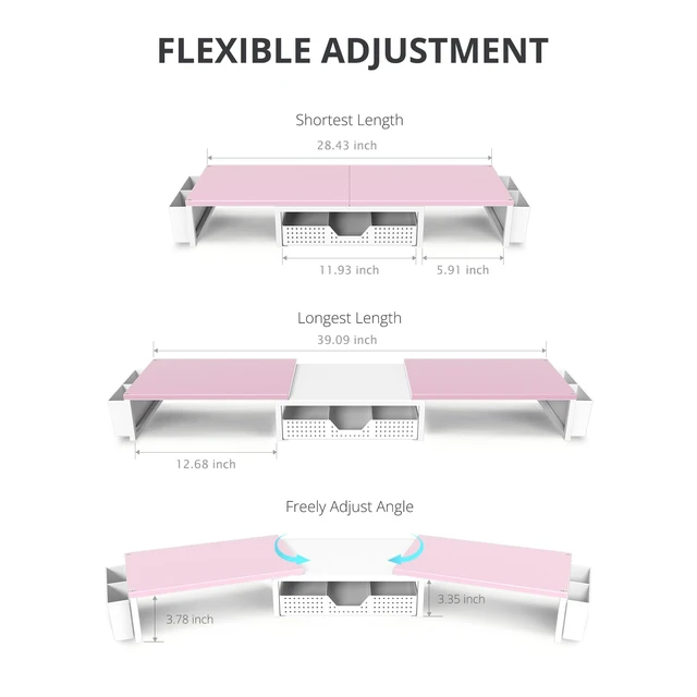 Alt view image 3 of 7 - Desk Organizers and Accessories, Dual Monitor Stand Riser with Drawer and 2 Pen Holders, Desk Shelf Printer Stand for Office Workspace Organizers, Desktop Organization (Pink-White)