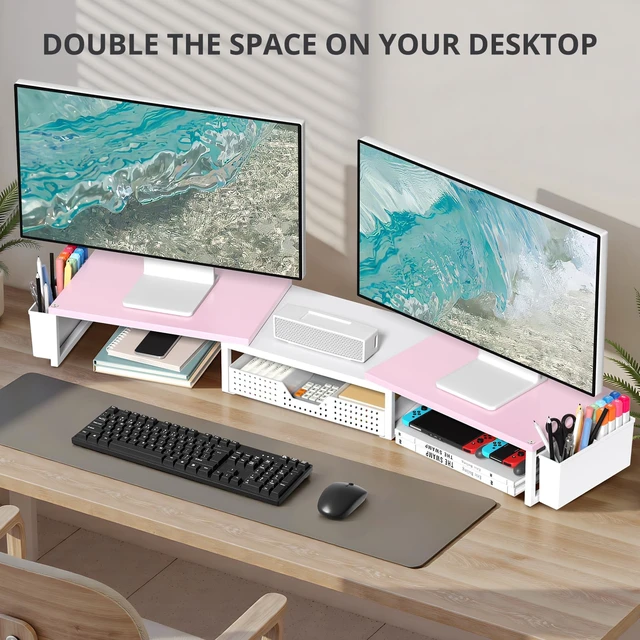 Alt view image 4 of 7 - Desk Organizers and Accessories, Dual Monitor Stand Riser with Drawer and 2 Pen Holders, Desk Shelf Printer Stand for Office Workspace Organizers, Desktop Organization (Pink-White)