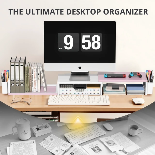 Alt view image 6 of 7 - Desk Organizers and Accessories, Dual Monitor Stand Riser with Drawer and 2 Pen Holders, Desk Shelf Printer Stand for Office Workspace Organizers, Desktop Organization (Pink-White)