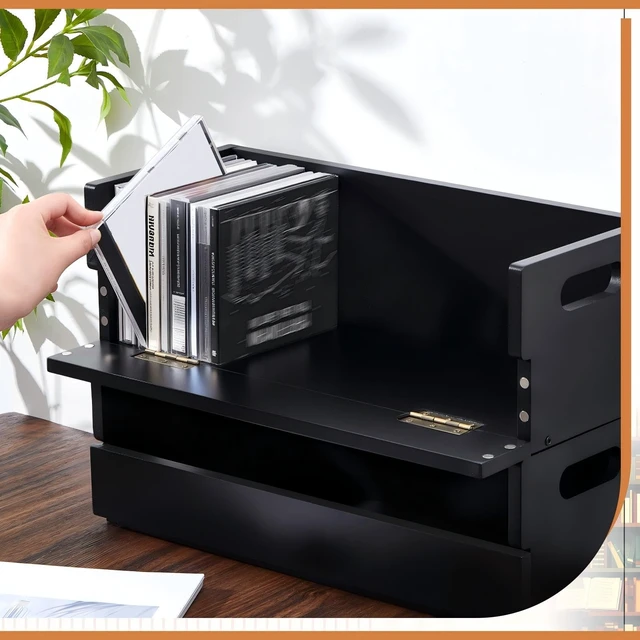 Alt view image 4 of 7 - 4 Set Wooden CD Storage Box,Holds 144 CDs(36 Each) Stackable CD Holder Organizer with Magnetic Front Flap and Carrying Handles for DVDs, Cassette Tapes and Movie Cases (Black)