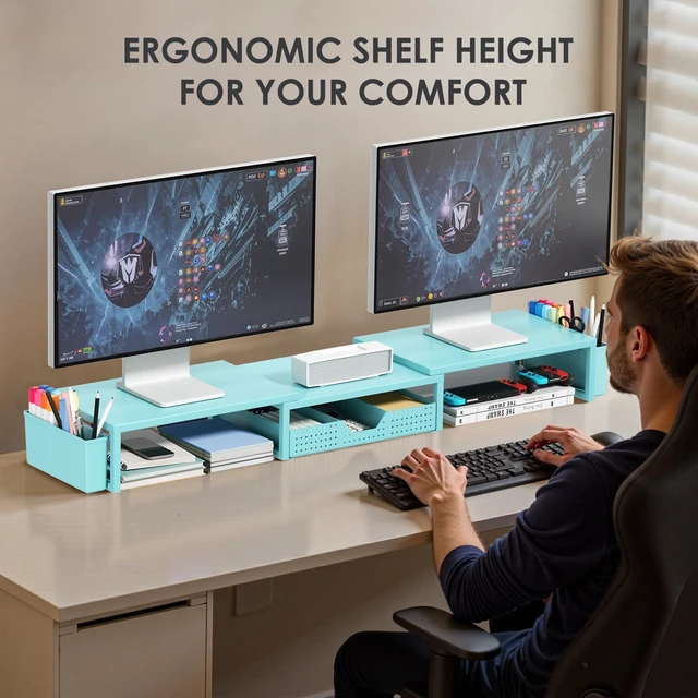 Alt view image 2 of 7 - Desk Organizers and Accessories, Dual Monitor Stand Riser with Drawer and 2 Pen Holders, Desk Shelf Computer Racks & Printer Stand for Office Workspace Organizers, Desktop Organization (Blue)