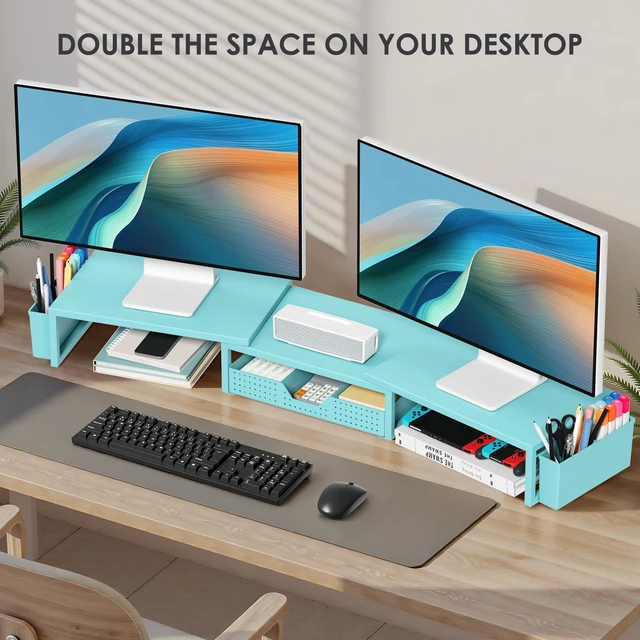 Alt view image 4 of 7 - Desk Organizers and Accessories, Dual Monitor Stand Riser with Drawer and 2 Pen Holders, Desk Shelf Computer Racks & Printer Stand for Office Workspace Organizers, Desktop Organization (Blue)