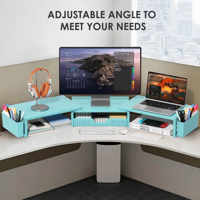 Alt view image 5 of 7 - Desk Organizers and Accessories, Dual Monitor Stand Riser with Drawer and 2 Pen Holders, Desk Shelf Computer Racks & Printer Stand for Office Workspace Organizers, Desktop Organization (Blue)