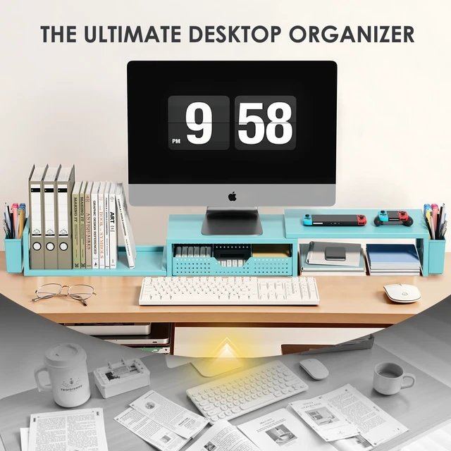 Alt view image 6 of 7 - Desk Organizers and Accessories, Dual Monitor Stand Riser with Drawer and 2 Pen Holders, Desk Shelf Computer Racks & Printer Stand for Office Workspace Organizers, Desktop Organization (Blue)