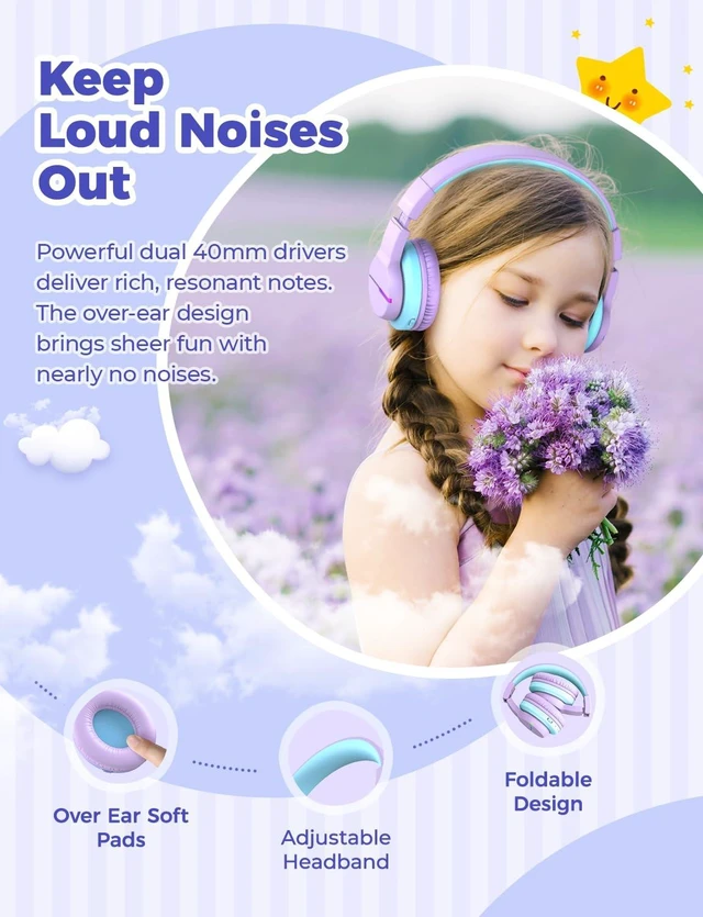 Alt view image 6 of 7 - BTH12 Kids Bluetooth Headphones 85H Playtime with LED Lights Travel SafeSound Tech, Stereo Sound, USB C Charging AUX Cable Over Ear Built-in Mic, Kids Wireless Headphones for Toddler Boys Girls