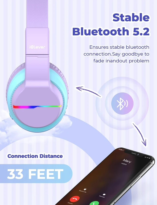 Alt view image 5 of 7 - BTH12 Kids Bluetooth Headphones 85H Playtime with LED Lights Travel SafeSound Tech, Stereo Sound, USB C Charging AUX Cable Over Ear Built-in Mic, Kids Wireless Headphones for Toddler Boys Girls