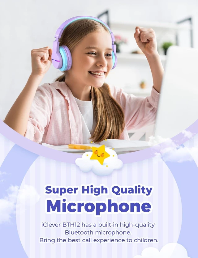 Alt view image 7 of 7 - BTH12 Kids Bluetooth Headphones 85H Playtime with LED Lights Travel SafeSound Tech, Stereo Sound, USB C Charging AUX Cable Over Ear Built-in Mic, Kids Wireless Headphones for Toddler Boys Girls