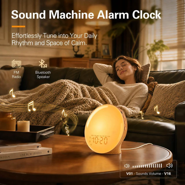 Alt view image 6 of 7 - Full-Screen Wake Up Light Sunrise Alarm Clocks for Bedrooms, White Noise Machine for Heavy Sleepers, 25 Natural Sounds, Dual Alarms, FM Radio, 17 Dimmable Colors, Bluetooth Speaker