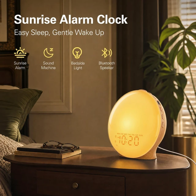 Alt view image 7 of 7 - Full-Screen Wake Up Light Sunrise Alarm Clocks for Bedrooms, White Noise Machine for Heavy Sleepers, 25 Natural Sounds, Dual Alarms, FM Radio, 17 Dimmable Colors, Bluetooth Speaker