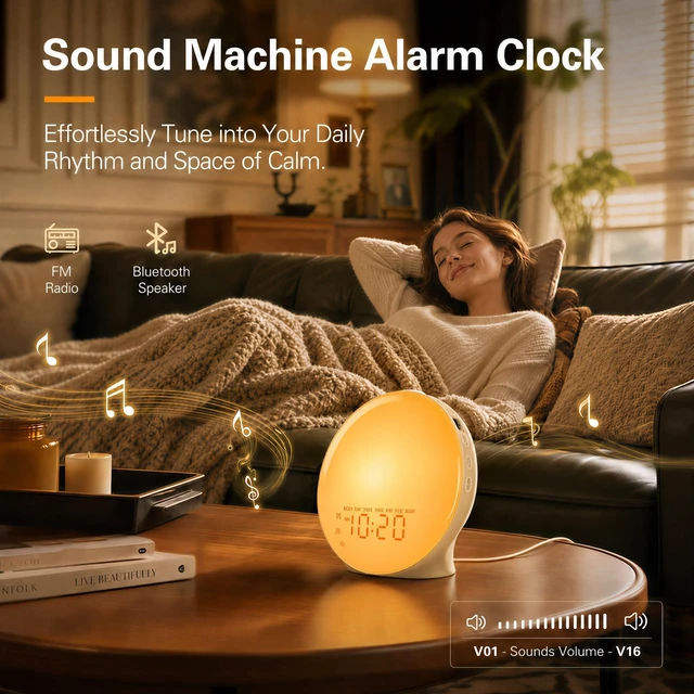 Alt view image 6 of 7 - Full-Screen Wake Up Light Sunrise Alarm Clocks for Bedrooms, White Noise Machine for Heavy Sleepers, 25 Natural Sounds, Dual Alarms, FM Radio, 17 Dimmable Colors, Bluetooth Speaker