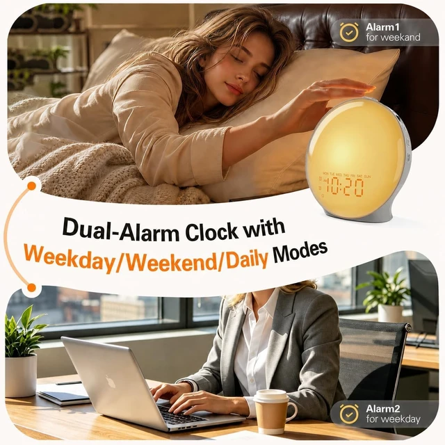 Alt view image 3 of 7 - Full-Screen Wake Up Light Sunrise Alarm Clocks for Bedrooms, White Noise Machine for Heavy Sleepers, 25 Natural Sounds, Dual Alarms, FM Radio, 17 Dimmable Colors, Bluetooth Speaker