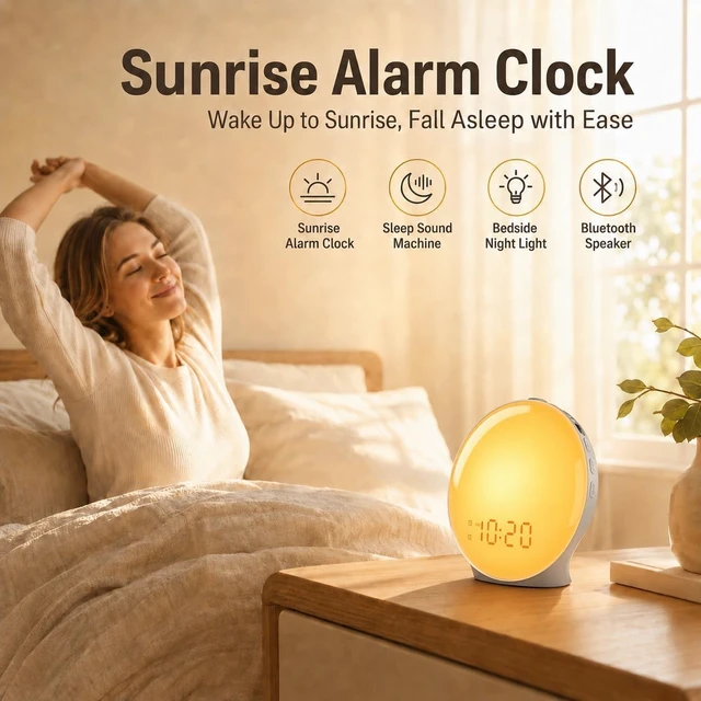Alt view image 4 of 7 - Full-Screen Wake Up Light Sunrise Alarm Clocks for Bedrooms, White Noise Machine for Heavy Sleepers, 25 Natural Sounds, Dual Alarms, FM Radio, 17 Dimmable Colors, Bluetooth Speaker