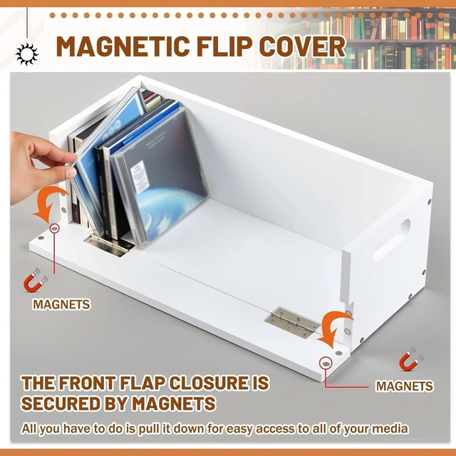 Alt view image 3 of 7 - 4 Set Wooden CD Storage Box,Holds 144 CDs (36 Each) Stackable CD Holder Organizer with Magnetic Front Flap and Carrying Handles for DVDs, Cassette Tapes and Movie Cases (White)