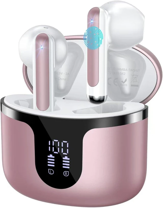 Main image of Wireless Earbuds, 2026 Bluetooth 5.4 Headphones Bass Stereo Ear Buds with Noise Cancelling Mic, LED Display in Ear Earphones 50H Playtime Ear Buds, IP7 Waterproof for Laptop Pad Phones Pink