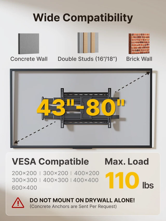 Alt view image 2 of 7 - Long Arm TV Wall Mount for Most 43-80 Inch TVs, Up to 110 lbs 42 Inch Long Extension TV Mount, Swivel&Tilt&Leveling, Full Motion Wall Mount TV Bracket, Max VESA 600 x 400mm, 16,18 Studs