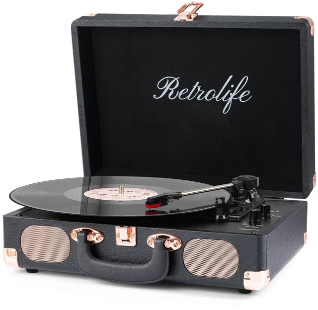 Main image of ® Record Player,3-Speed Bluetooth Suitcase Vinyl Player-Black Built-in Stereo Speakers, Portable Turntable Plays 7/10/12" Records, 33/45/78 RPM, Bluetooth Streaming, RCA/Headphone Jack