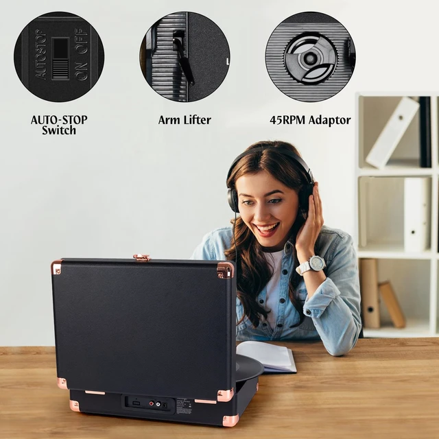Alt view image 3 of 7 - ® Record Player,3-Speed Bluetooth Suitcase Vinyl Player-Black Built-in Stereo Speakers, Portable Turntable Plays 7/10/12" Records, 33/45/78 RPM, Bluetooth Streaming, RCA/Headphone Jack
