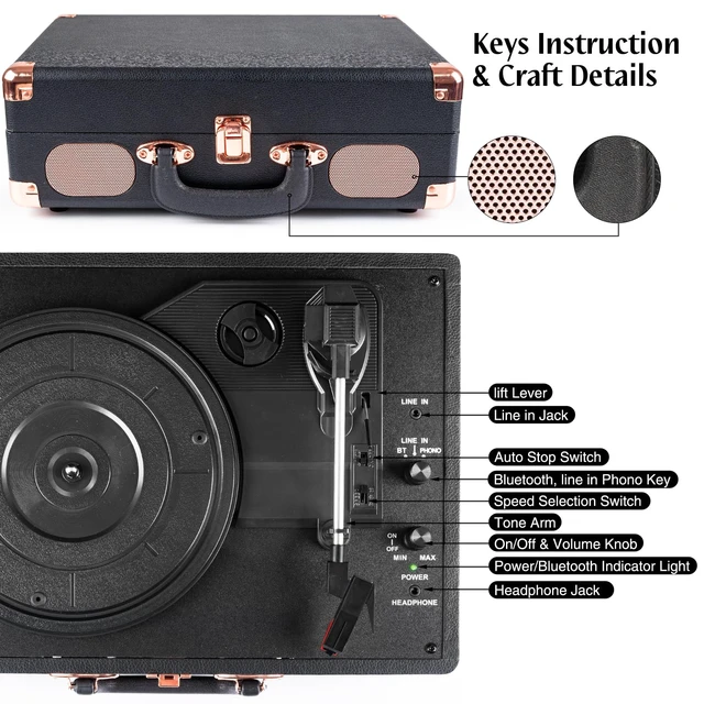 Alt view image 4 of 7 - ® Record Player,3-Speed Bluetooth Suitcase Vinyl Player-Black Built-in Stereo Speakers, Portable Turntable Plays 7/10/12" Records, 33/45/78 RPM, Bluetooth Streaming, RCA/Headphone Jack