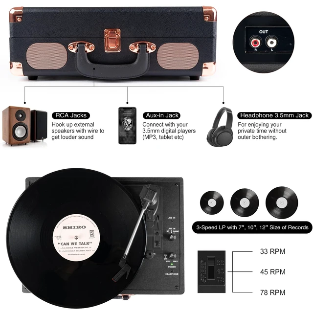 Alt view image 5 of 7 - ® Record Player,3-Speed Bluetooth Suitcase Vinyl Player-Black Built-in Stereo Speakers, Portable Turntable Plays 7/10/12" Records, 33/45/78 RPM, Bluetooth Streaming, RCA/Headphone Jack