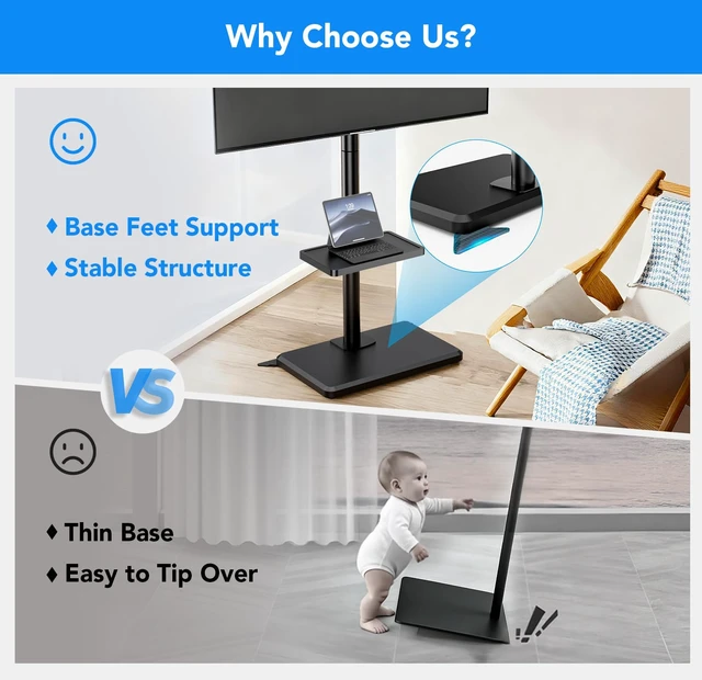 Alt view image 3 of 7 - Floor TV Stand with Mount for 26-60 inch TVs up to 77 lbs, Height Adjustable Swivel Tilt TV Stand with Wood Base & Shelf, Saving Space Design for Bedroom, Living Room and Corner, Black