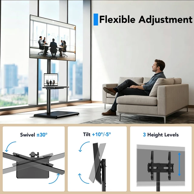 Alt view image 2 of 7 - Floor TV Stand with Mount for 26-60 inch TVs up to 77 lbs, Height Adjustable Swivel Tilt TV Stand with Wood Base & Shelf, Saving Space Design for Bedroom, Living Room and Corner, Black