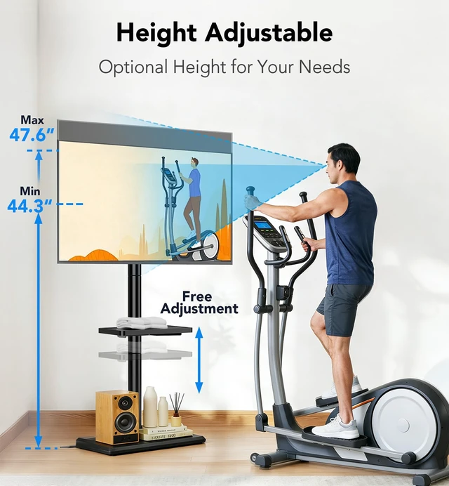 Alt view image 4 of 7 - Floor TV Stand with Mount for 26-60 inch TVs up to 77 lbs, Height Adjustable Swivel Tilt TV Stand with Wood Base & Shelf, Saving Space Design for Bedroom, Living Room and Corner, Black