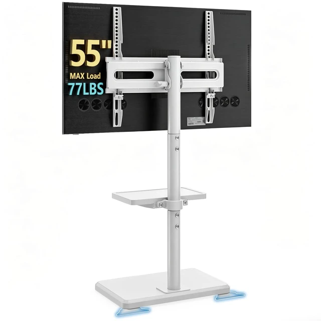Main image of Floor TV Stand with Mount for 26-60 inch TVs up to 77 lbs, Height Adjustable Swivel Tilt TV Stand with Wood Base & Shelf, Saving Space Design for Bedroom, Living Room and Corner, White