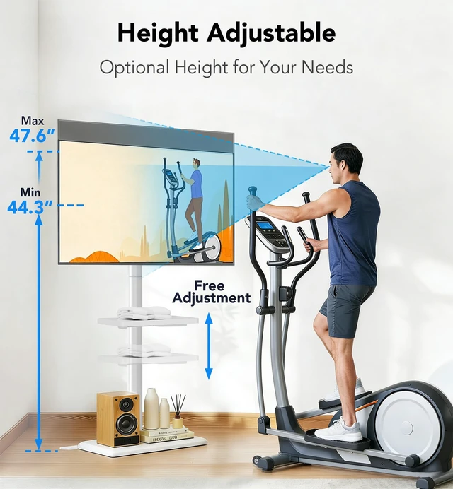 Alt view image 4 of 7 - Floor TV Stand with Mount for 26-60 inch TVs up to 77 lbs, Height Adjustable Swivel Tilt TV Stand with Wood Base & Shelf, Saving Space Design for Bedroom, Living Room and Corner, White