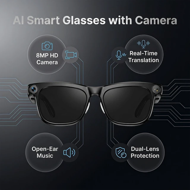 Alt view image 2 of 7 - AI Smart Glasses with Camera, 8MP HD Camera Glasses for Men Women Photo Capture,Object Recognition,Video Recording Sunglasses,Real Time Translation,Voice Assistant, Bluetooth Open-Ear Music